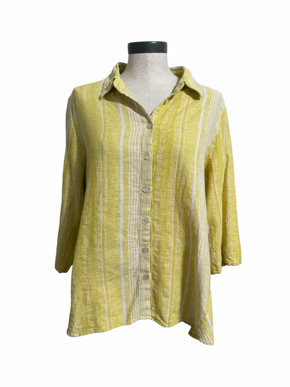 Soft Surroundings Yellow White Striped Linen Blend Button Down Tunic Top XL